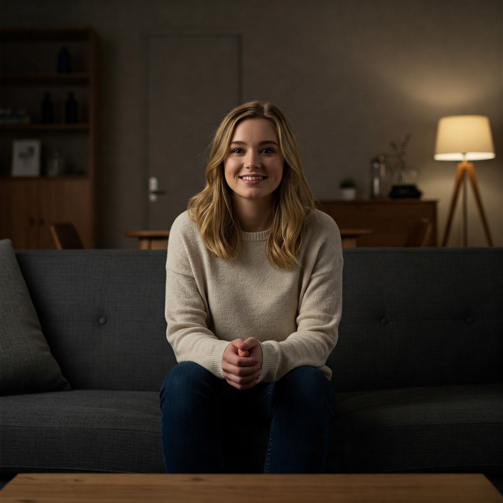 Nuori nainen istumassa tummalla sohvalla